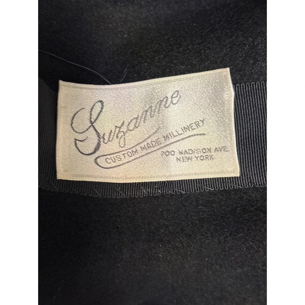 Suzanne Custom Made Millinery Black Wool‎ Flower Bow Wide Brim Hat
